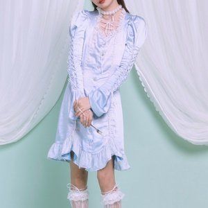 Blue Satin Long Puff Sleeves Lace-up Dress